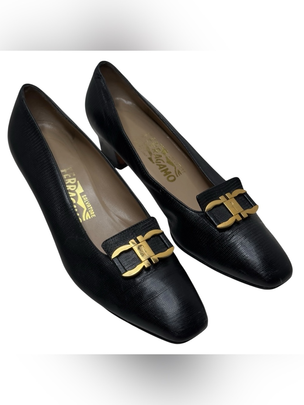 Salvatore Ferragamo Vintage Black Leather Pumps with Gold Buckle Size 8B